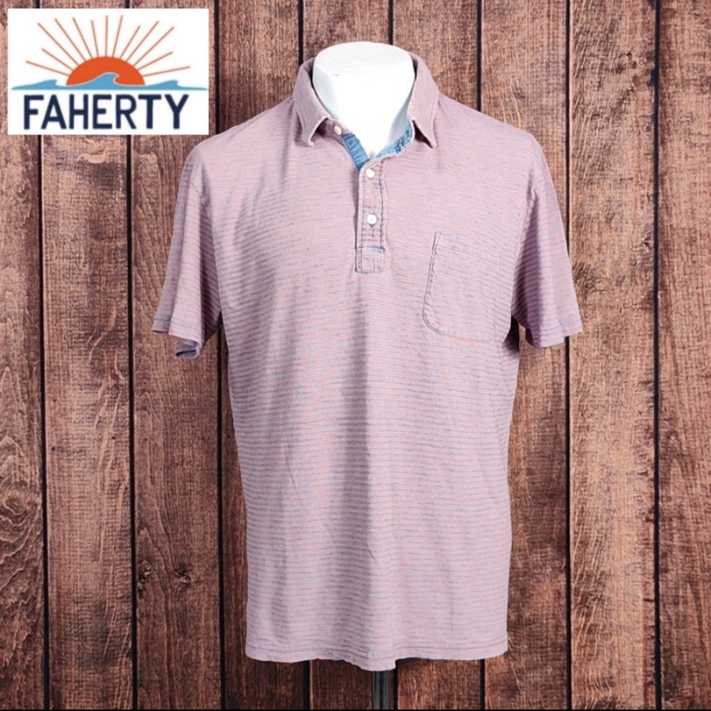 Blue Trim Mens Three Button Striped Soft Cotton Pocket Polo